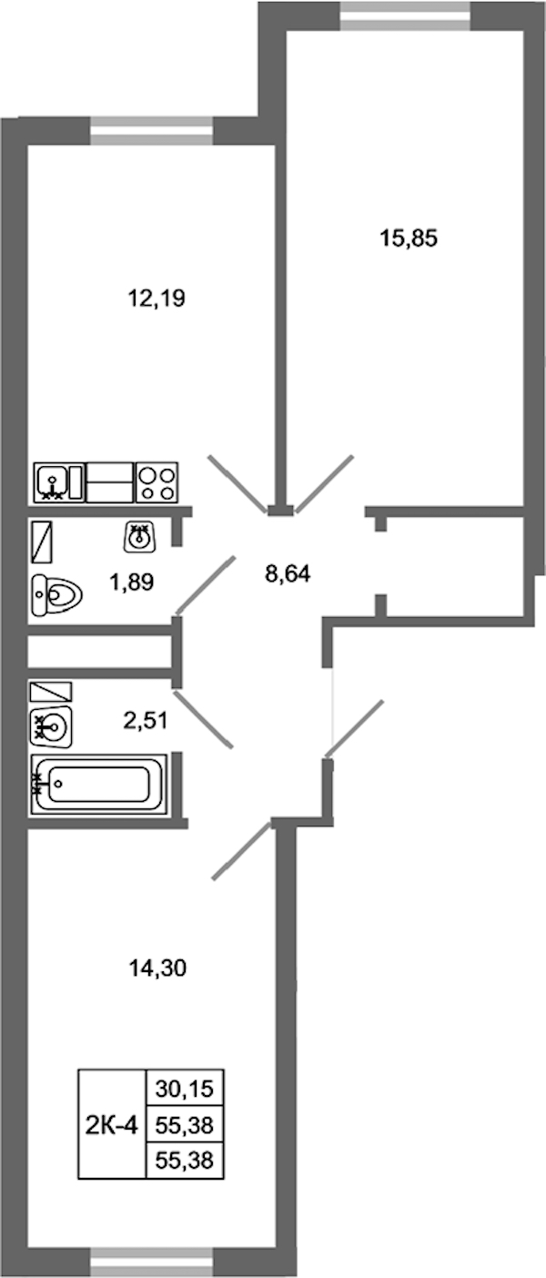 2-комнатная квартира 55.38 м², 5/17 эт., ЖК «Стороны Света 2»